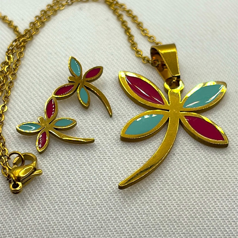 Vintage Gold Dragonfly Necklace Set Gold Plated Stainless Steel Earrings